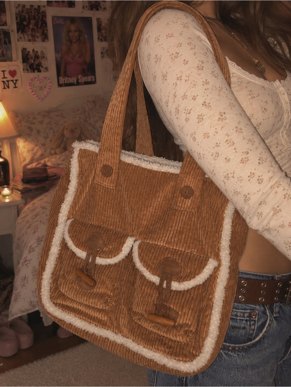 Corduroy Vintage Old Navy Sherpa Trim Tote Bag in Camel Y2K 2000s